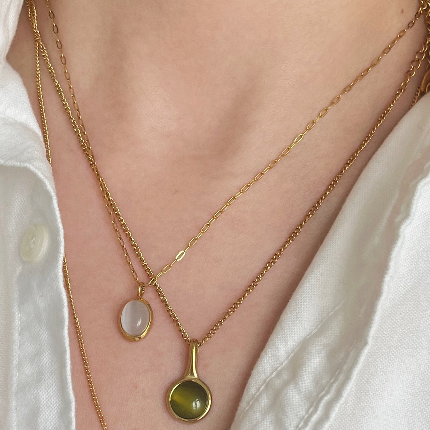 Green Cat's Eye Stone Pendant Necklace